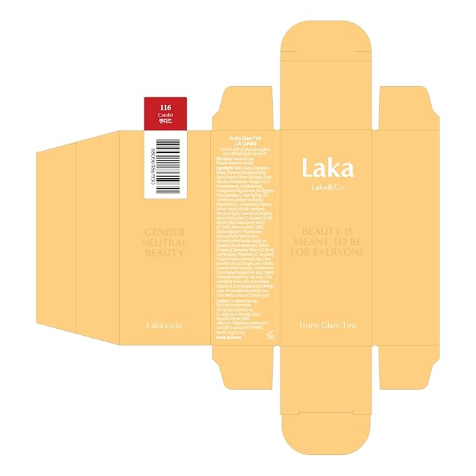 Laka Fruity Glam Tint, Glowing Lip Stain with Wide Color Spectrum, Hydrating & Lightweight Texture, Long-Lasting Bold Stain, Non-Sticky, Vegan, K-Beauty (#116 Candid, 4.5g/0.15oz)