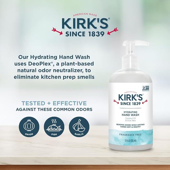Kirk's Hydrating Hand Wash - Made with Coconut Oil and Aloe Vera, With Odor Neutralizing Technology To Help Eliminate Odors, Non-GMO, Vegan, Fragrance Free, 12 Fl Oz.
