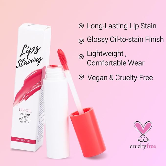 Erinde Lips Staining Lip Oil, Glossy Lip Stain, Long-Lasting Lightweight Lip Staining Oil, Moisturizing Plumping Hydrating Glossy Lip Tint, Vegan & Cruelty-Free, 04