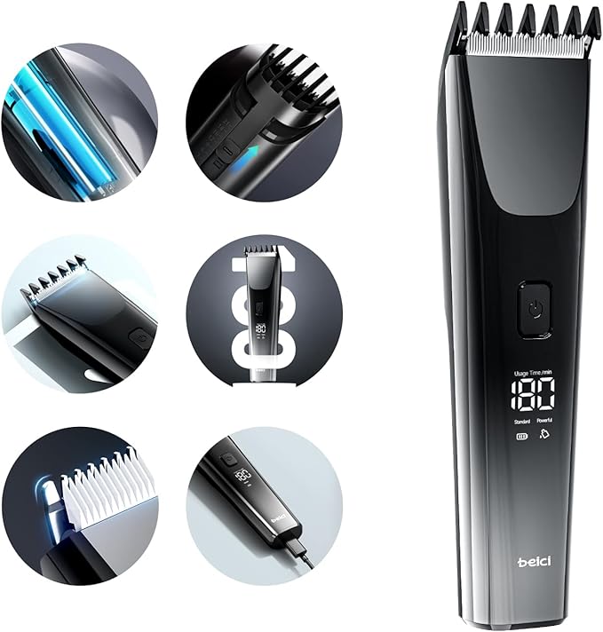 Hair Clippers for Men and Kids Adjustable Length Trimmer Haircut Professional Haircuts Tool Grooming 6 Kit LED Screen Display Fast Charge for Family Black