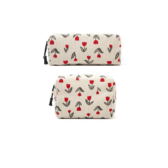 Makeup bag set small Cosmetic bag for women purse Corduroy Organizer with interior Pockets,cute Pencil zipper Pouch travel Toiletry Bag with handle(Tulip Red)