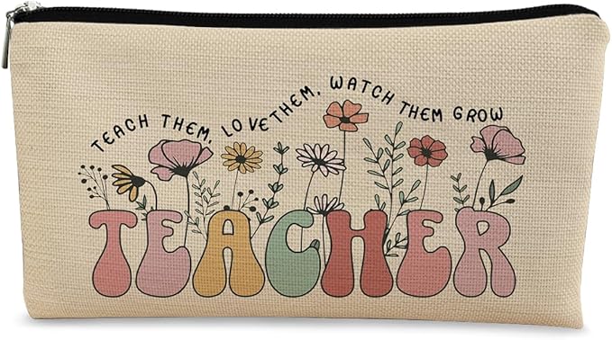 Teacher Bag,Gifts For teacher Survival Kit,Teacher Must Haves, Retro Wildflowers Canvas Makeup Bag,Cosmetic Bag Zipper Travel Toiletry Bag