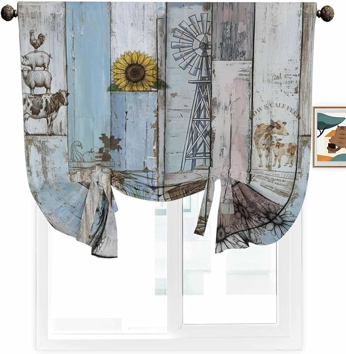 Tie Up Curtains for Windows, Farmhouse Barn Sunflowers Retro Decorative Tie Up - Image 2