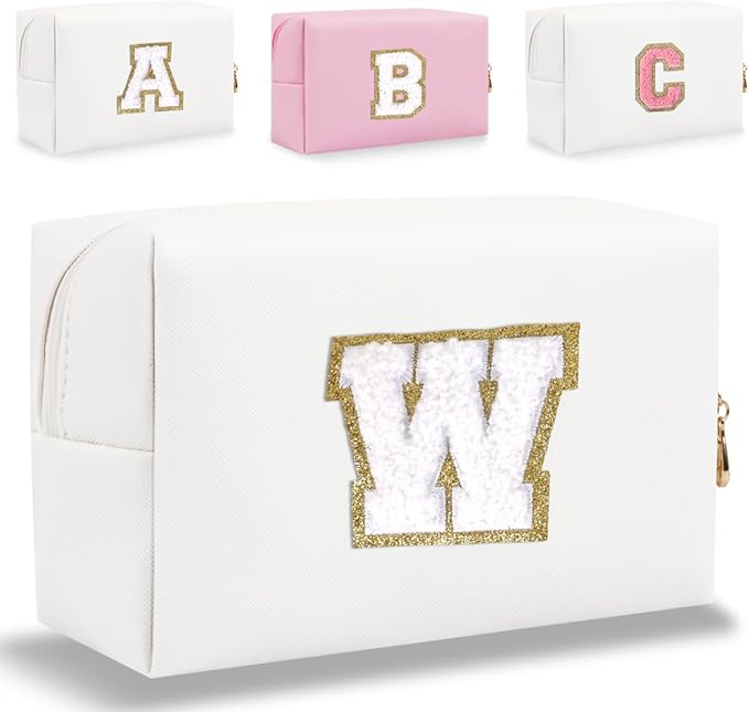 Small Personalized Letter Makeup Bag, Cute PU Leather Chenille Letters Cosmetic Bag Travel Makeup Pouch, Preppy Travel Organizer Zipper Pouch for Women&Girls（White-W）