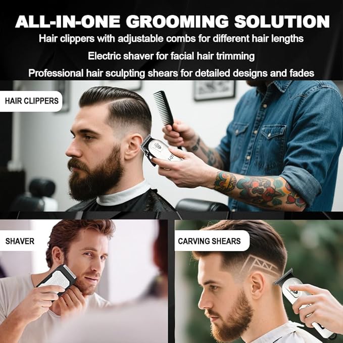 Hair Clippers for Men, Professional Barber Clippers and Trimmer Set, Mens Cordless Clipper, 3 pcs setHair Cutting Kit for Men