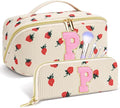 Personalized Travel Makeup Bag Set,Initial Travel Strawberry Makeup Organizer Bag,Toiletry Skincare Cosmetic Bag,Christmas Gifts for Women/Girls,Open Flat Toiletry Pouch with Brush Pocket-P