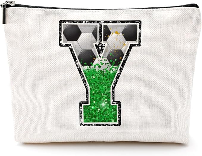 Soccer Gifts Initial Makeup Bag Monogrammed Cosmetic Bag Letter Y Zipper Pouch Soccer Accessories for Girls Women Soccers Player Coach Friend Soccers Stuff Graduation Birthday Gifts