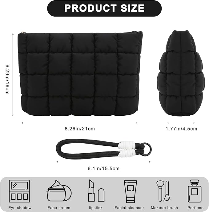DOB SECHS Puffer Quilted Makeup Bag with Handle Detachable Women Cute Puffy Cotton Cosmetic Bag, Small Toiletry Zipper Make Up Pouch Purse, Checkered Storage Organizer Clutch Bag Travel Case, Black