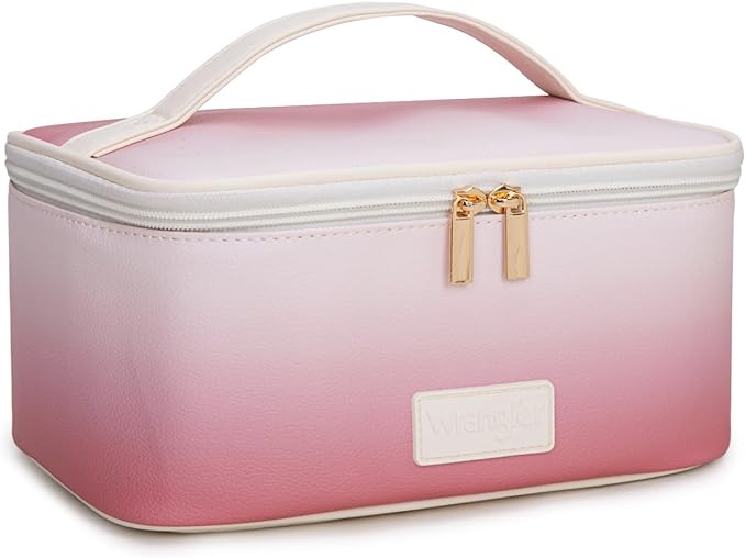 Montana West X Wrangler Travel Makeup Bag 2pcs Set Large Cosmetic Bag with Makeup Brush Holder Portable Make Up Organizer Cute Toiletry Bag with Divider and Handle for Women Gradient
