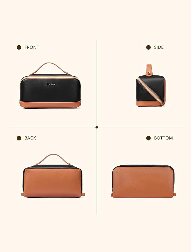 Telena Leather Make Up Bag Portable Travel Makeup Bag Waterproof Cosmetic Bags for Women Large Capacity With Handle and Divider Open Flat