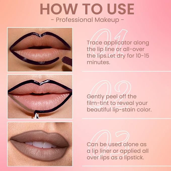 3Pcs Matte Lip Stain Peel Off Lip liner with Tweezer, Peel Off Lip Stain, Long Lasting Waterproof Lipstick Lip Gloss Tattoo, Transfer-proof for All Skin Types (0.36 fl oz-02#+03#+05#)