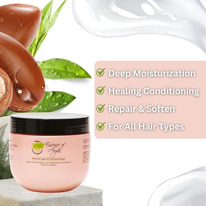 Essence Of Argan Renewing Deep Conditioning Hair Mask Infused with 100% Pure Moroccan Organic Argan Oil - Revitalizes Dry Damaged Hair- Hydrating Hair Mask - All Hair Types (236ml/8oz)