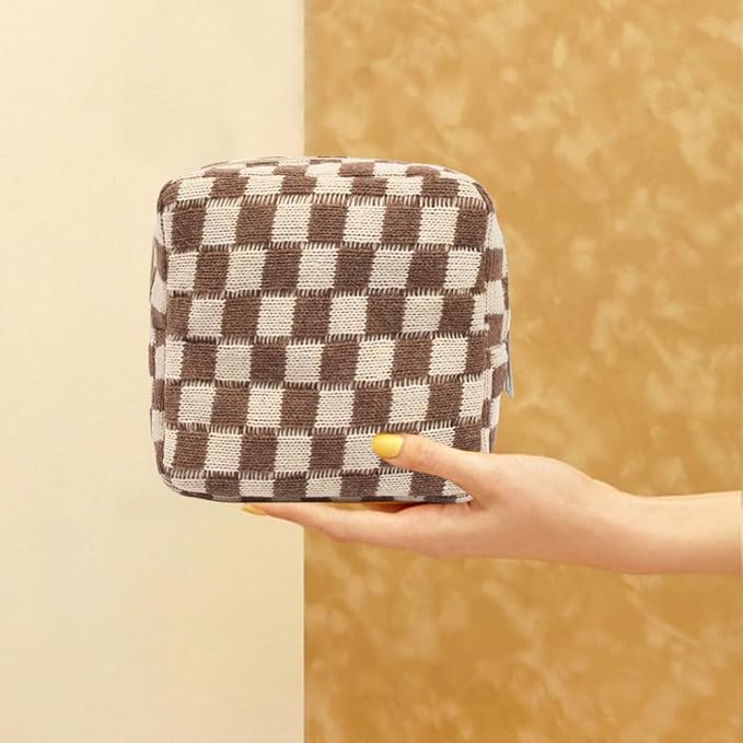 Small Brown Makeup Bag for Purse, Mini Checkered Cosmetic Bag Zipper Cute Make Up Pouch Travel Toiletry Bag Quilted Aesthetic Accessories Makeup Storage Bag Organizer for Women Girls
