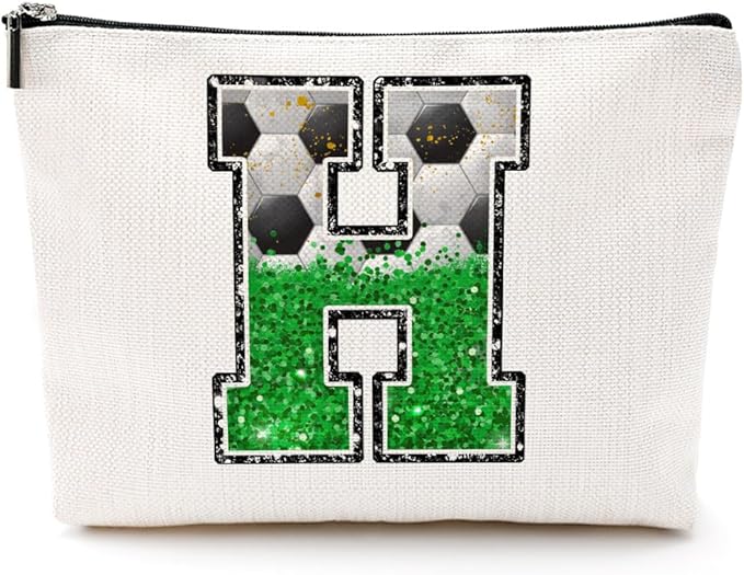 Soccer Gifts Initial Makeup Bag Monogrammed Cosmetic Bag Letter H Zipper Pouch Soccer Accessories for Girls Women Player Coach Friend Stuff Graduation Birthday Gifts