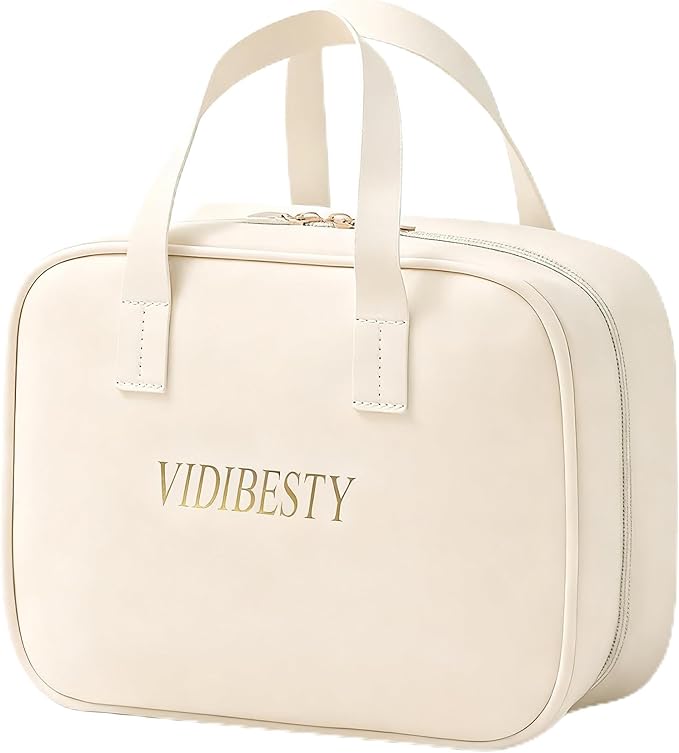 Travel Makeup Bag Skin-feel Leather, Large Capacity Cosmetic case for Women, Waterproof Portable Make up Organizer with Divider and Handle for Toiletries, Beauty Essentials (Beige)