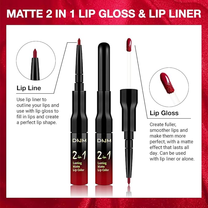 1Pcs 2 in 1 Fire Red Matte Lip Liner and Liquid Lipstick Stain Makeup Set for women, Fire Red Long Lasting Smudge Proof Lip Tint Matte Finish Lip Gloss for All-Day Color Hold Easy to Use 64#