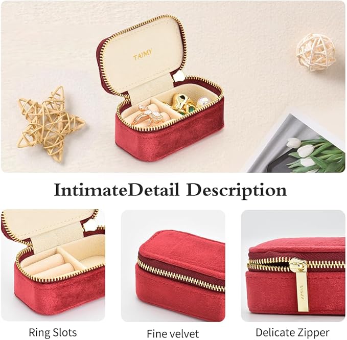 Small Travel Jewelry Case, Mini Tiny Plush Velvet Jewelry Box for Women and Girls, Pocket Size Jewelry holder organizer for Rings Earrings and Small Items(Burgundy)