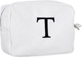Personalized White Waffle Makeup Bag,Custom Embroidered Initial Cosmetic Pouch for Women,Monogrammed Cosmetic Case,Bridesmaid Gifts (T)