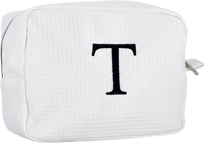 Personalized White Waffle Makeup Bag,Custom Embroidered Initial Cosmetic Pouch for Women,Monogrammed Cosmetic Case,Bridesmaid Gifts (T)