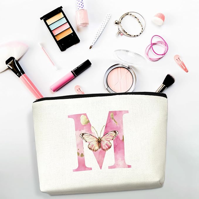 Initial Makeup Bag Pink Butterfly M Personalized Cosmetic Bag Monogrammed Gifts for Women Girls Mom Bridesmaid Monogram Zipper Pouch for Friendship Mothers Day Birthday Wedding Bridal Shower Gifts