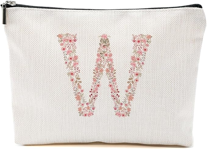 Initial Makeup Bag Floral W Personalized Cosmetic Bag Monogrammed Gifts for Women Girls Mama Bridesmaid Monogram Zipper Pouch for Teacher Appreciation Mothers Day Birthday Wedding Bridal Shower Gifts