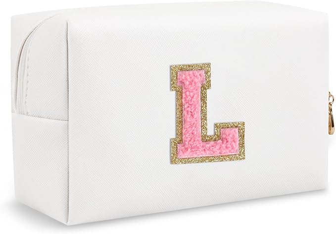 Personalized Initial Preppy Travel Makeup Bag Organizer, Small White Cute Cosmetic Bag Toiletry Zipper Pouch for Women, Portable Waterproof PU Makeup Case Gift for Her Birthday Mom Teacher(Letter L)