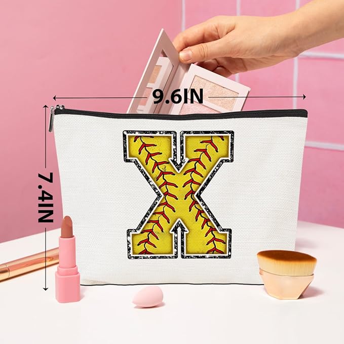 Softball Gifts Initial Makeup Bag Monogrammed Cosmetic Bag Letter X Zipper Pouch Softball Accessories for Girls Women Softballs Player Coach Friend Softballs Stuff Graduation Birthday Gifts