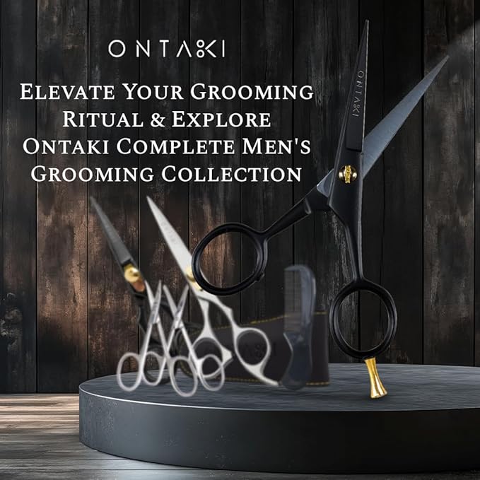 Ontaki Professional Beard Scissors for Men - 5 in Hand-Forged Black 410C German Steel - Includes 2 Combs & PU Pouch - Beard & Mustache Grooming Kit