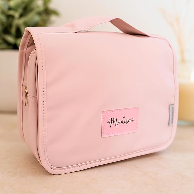Custom Travel Toiletry Bag for Women, Personalized Vegan Leather Makeup Bag with Hanging Hook, Unique Bridesmaid Gifts, Wedding Gifts, Travel Containers, Womens gifts for Birthday