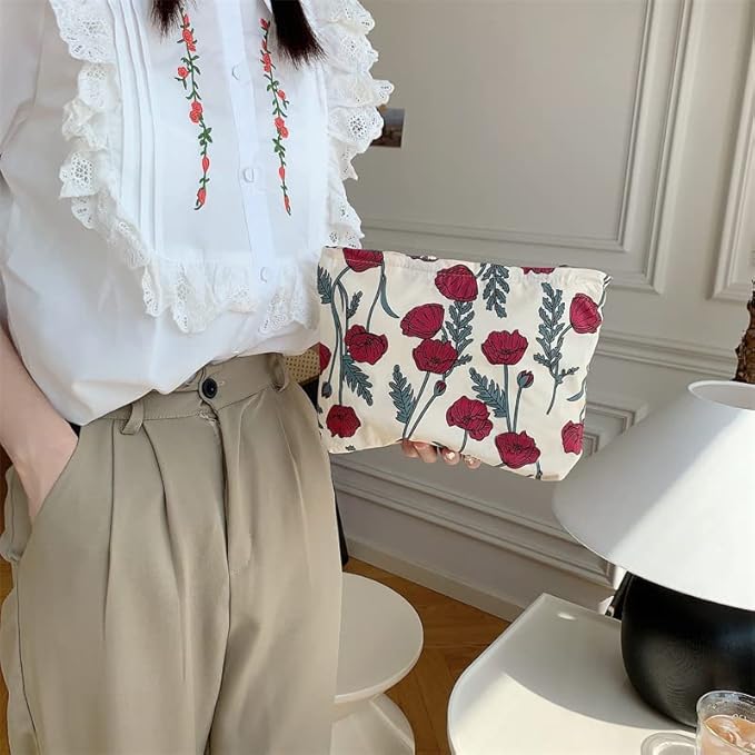 PAZIMIIK Floral Makeup Bag Large Cotton Zipper Pouch for Purse Travel Canvas Make Up Organizer for Women Cosmetic,Poppy Beige