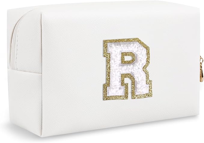 Small Travel Initial Preppy Makeup Bag, Personalized White Cute Cosmetic Organizer Chenille Letter Travel Toiltery Zipper Pouch, Waterproof PU Make Up Case Gifts for Mom Friendship Coworker(Letter R)