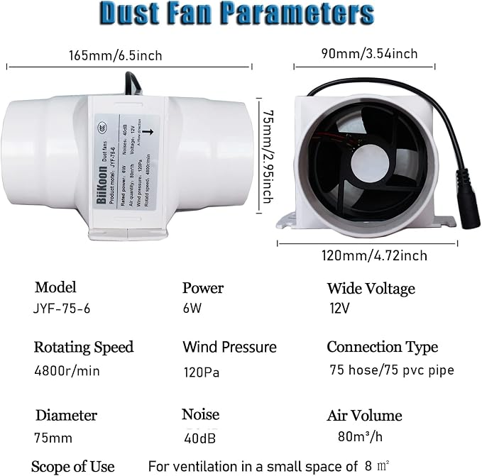 3 Inch Duct Fan Variable Inline Exhaust Blower 12V Extractor Fan 47Cfm Powerful - Image 2