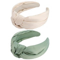 VELSCRUN White, Green 2 Pack Women's Satin Knotted Wide Non-Slip Elastic Turban Fashion Headbands for Hair Styling Accessories