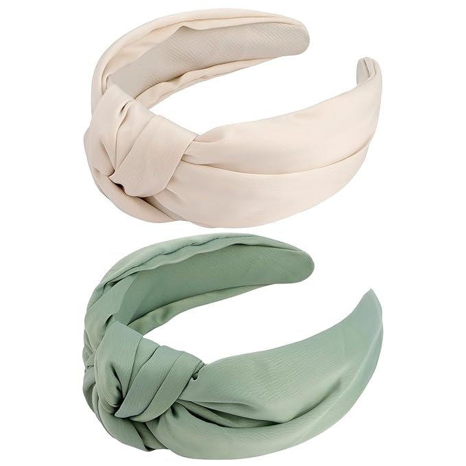 VELSCRUN White, Green 2 Pack Women's Satin Knotted Wide Non-Slip Elastic Turban Fashion Headbands for Hair Styling Accessories