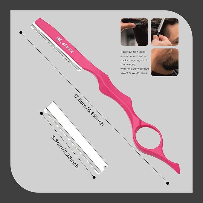 Hair Razors For Cutting Hair 6.89",Hair Cutting Razor Professional Texturizing Cutting Razor with Replacement Stainless Steel Blades,Ideal for Salon/Home -11PCS Pink