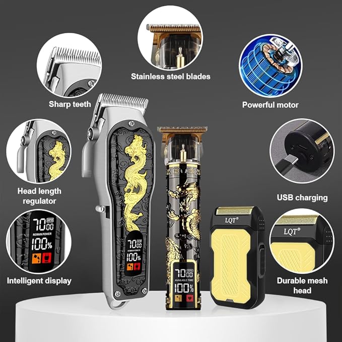 Hair Clippers 3-Piece Men's Professional Cordless Haircutting Set with LED Display, Trimmer, Shaver, Beard Clipper - Gift for Man