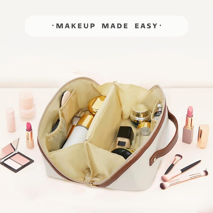 Travel Makeup Bag – Large Cosmetic Organizer with Waterproof Nylon, Smooth Double Zipper & Tear-Resistant Lining, Toiletry Pouch for Women (Beige)