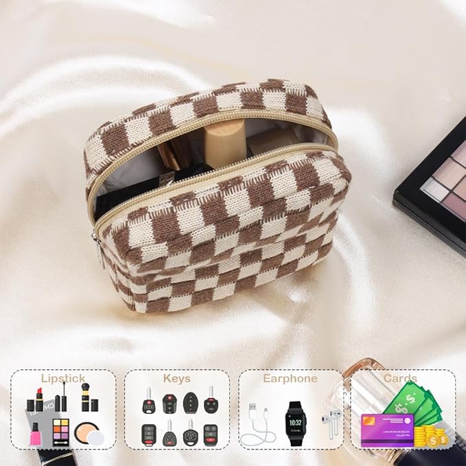2 Pieces Makeup Bag Set, Small Brown Checkered Cosmetic Bag Travel Toiletry Organizer Mini Cosmetic Pouch Case Makeup Brushes Cute Quilted Aesthetic Accessories Storage Bag for Women