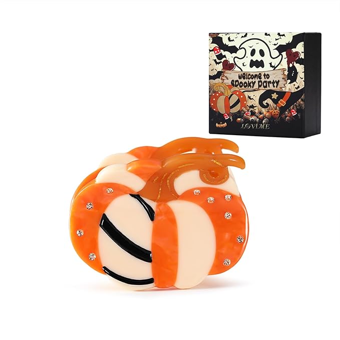 Original Italian Designed Mini Halloween Hair Claw Clips for Women - Orange Pumpkin, Handmade Vintage Cute Fall Halloween Hair Accessories, Plant-Based Acetate, Gift Boxed