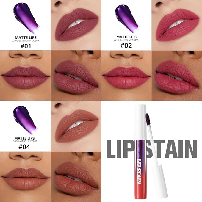 evpct 3Pcs Maroon Mauve Red Nude Brown Peel Off Lip Stain Tints, Matte Liquid Lipstick Lip Stain Long Lasting Waterproof for Women, Longwear Lipstick Peel Off Highly Pigmented Smudge-proof Easy Apply