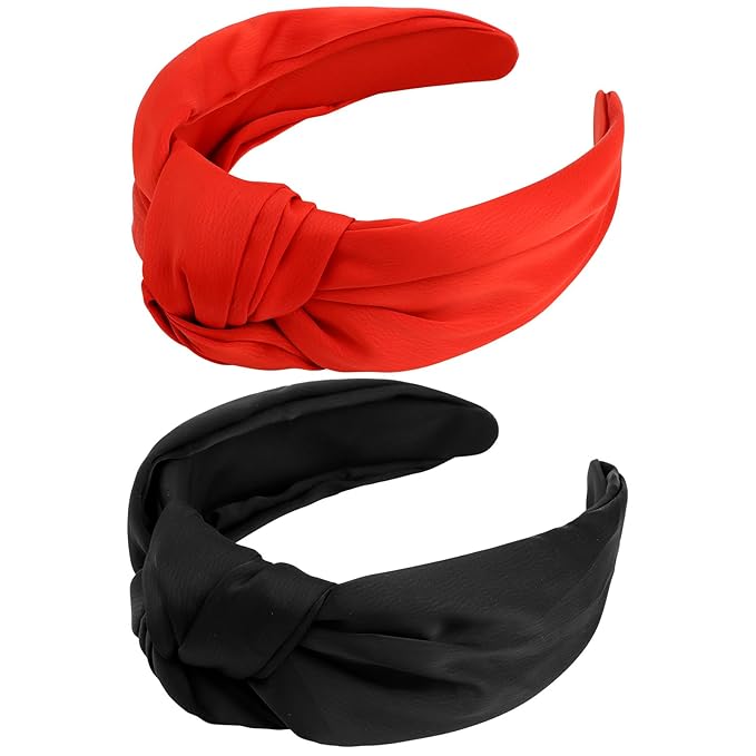 VELSCRUN Headband 2 Pack Black, Red - Wide Knotted Headbands for Women. Non Slip Hair Bands, Silk Satin Hair Accessories. Fashion Hair Styling Accessories. Ideal Gift for Sisters, Girls, Women.