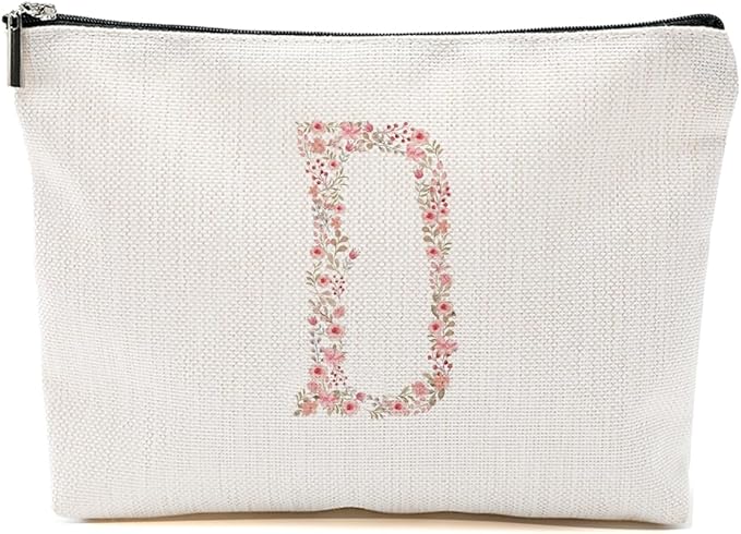 Initial Makeup Bag Floral D Personalized Cosmetic Bag Monogrammed Gifts for Women Girls Bride Grandma Monogram Zipper Pouch for Teacher Appreciation Mothers Day Birthday Wedding Bridal Shower Gifts