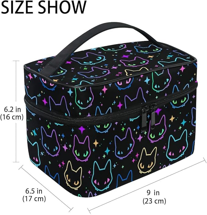 Goth Makeup Bag, Colorful Neon Cat Heads Makeup Organizer Bags Toiletry Bag Box Travel Cosmetic Bag Make Up Train Case for Women Teen Girl Ladies