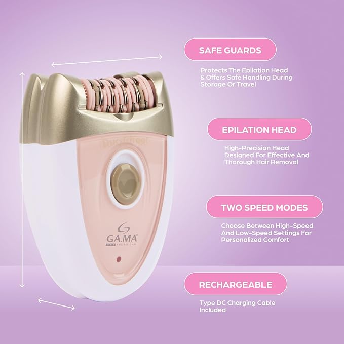 Epilady Gama Delicare Duo Rechargeable Epilator for Women, Cordless Electric Hair Removal Device, Hair Remover for Women, Bikini Trimmer for Women Pubic Hair, Dual Head, Dual-Volt, 2-Speed, LED Light