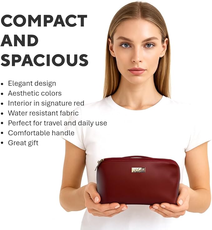 NAORI Travel Makeup Bag for Women | Large Luxury Cosmetic Organizer with Handle & Inner Pockets | Waterproof Leather Toiletry Bag | Makeup Case for Home, Travel & Gifting (Classic Burgundy)