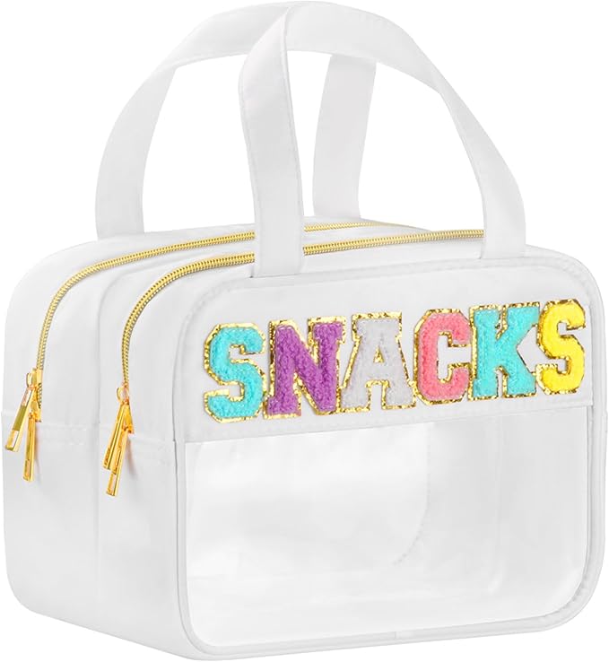Chenille Letter Clear Makeup Bags Snacks Bag for Travel, Preppy Patch Nylon Cosmetic Pouch with Handles and Zipper, Waterproof Large Clear Travel Toiletry Purse Storage for Women White