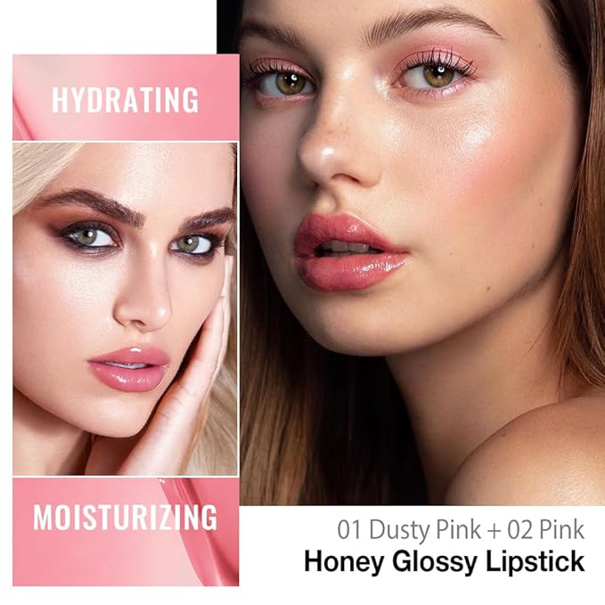 Honey Lipstick Tinted Lip Balm - Shine Moisturizing Lipstick for Women, Natural Nourishing Hydrating Lip Gloss Stain for Dry Lips, Tint Sheer Lightweight Makeup, Vegan - 2Pc Dusty Pink & Pink