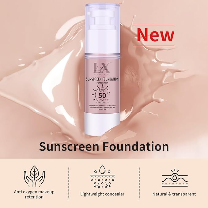 Tinted Face Sunscreen - Waterproof & Lightweight Liquid Foundation with SPF 50++, 3-in-1 Full Coverage Foundation Smooths & Blurs Pores, 101 Light