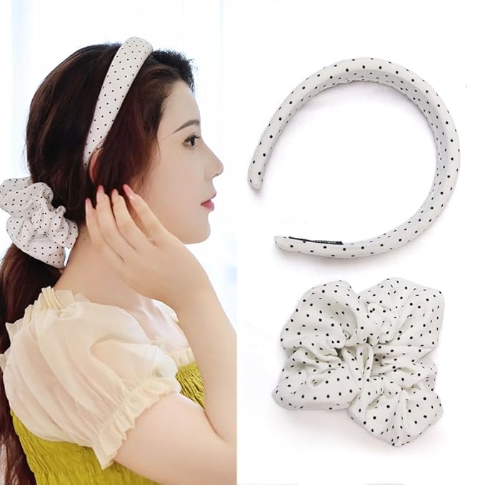 Headband and Scrunchie Set for Women 2Pack Hair Ties for Girls Elastics Bands Ponytail Holder Hair Accessories White Dot
