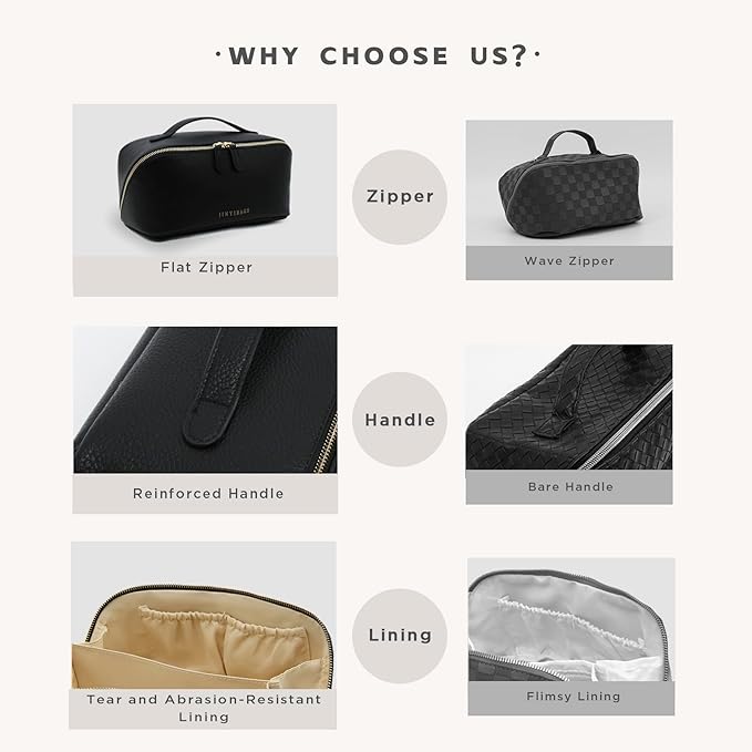Travel Makeup Bag – Large Cosmetic Organizer with Waterproof PU Leather, Smooth Double Zipper & Tear-Resistant Lining, Toiletry Pouch for Women (Black)